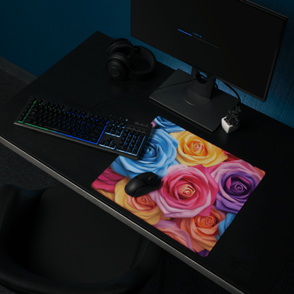 Vibrant multicolored rose gaming mouse pad with edge stitching