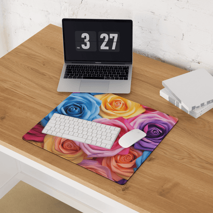 Vibrant rainbow rose patterned gaming mouse pad with large size, edge stitching, non-slip base