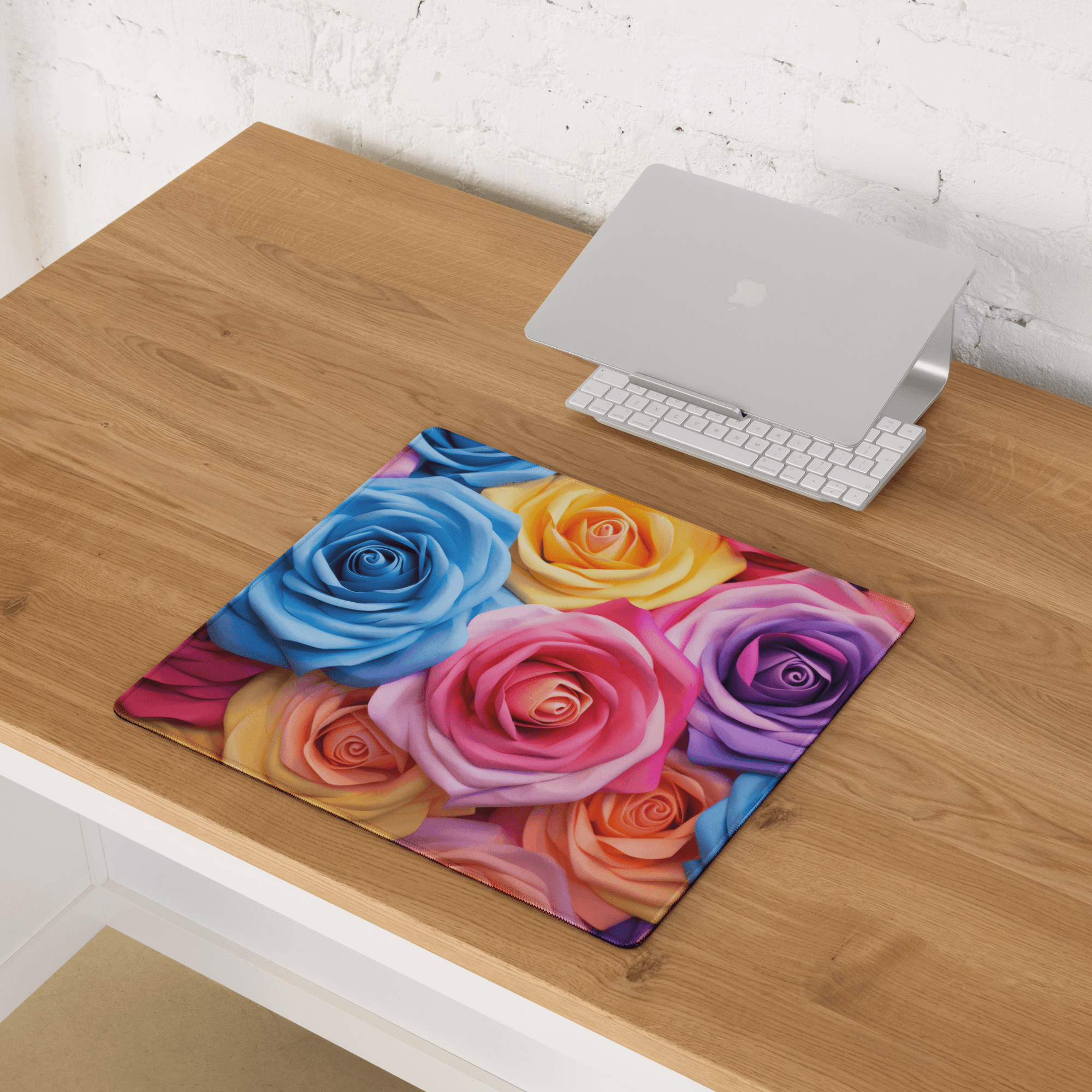 Vibrant multicolored rose gaming mouse pad with edge stitching
