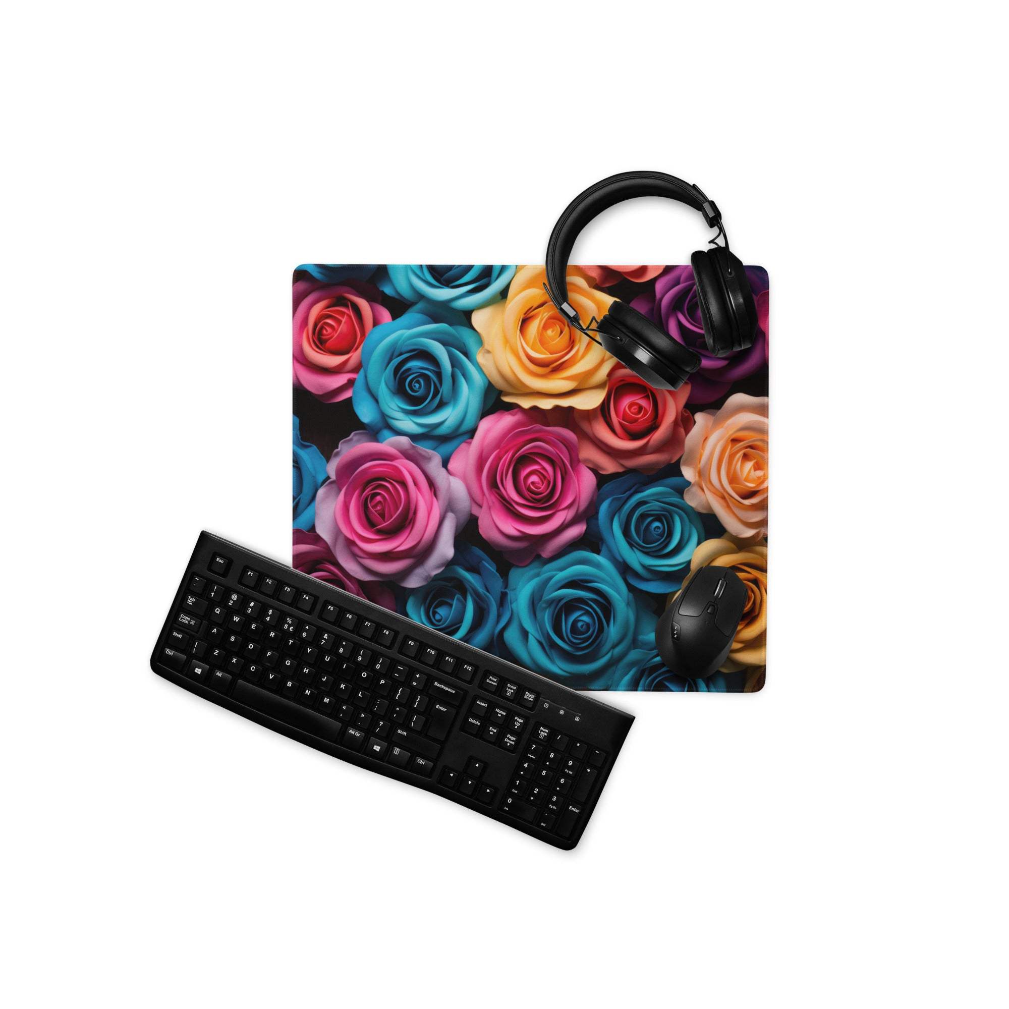 Vibrant multicolored rose gaming mouse pad with black keyboard and headphones