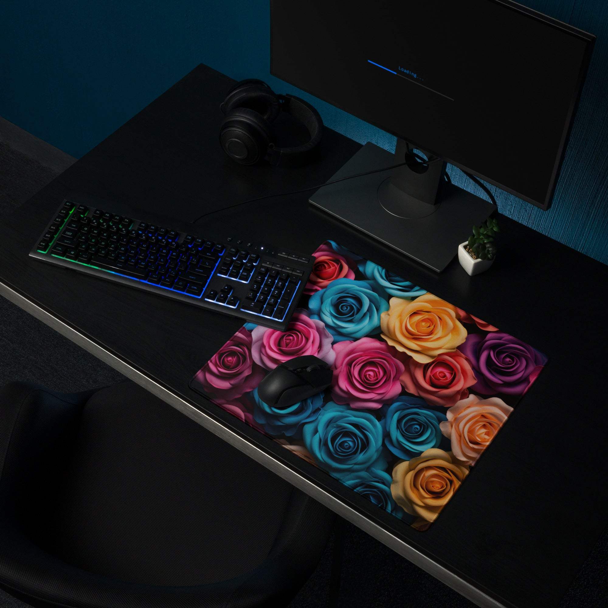 Vibrant pink blue yellow purple roses gaming mouse pad large non-slip stitched