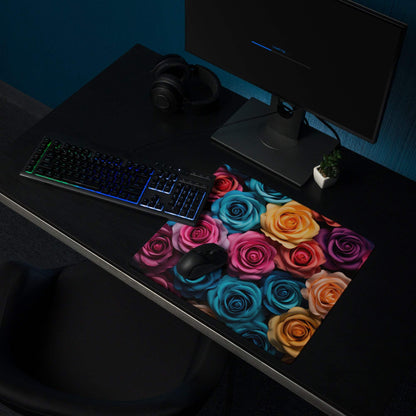 Vibrant pink blue yellow purple roses gaming mouse pad large non-slip stitched
