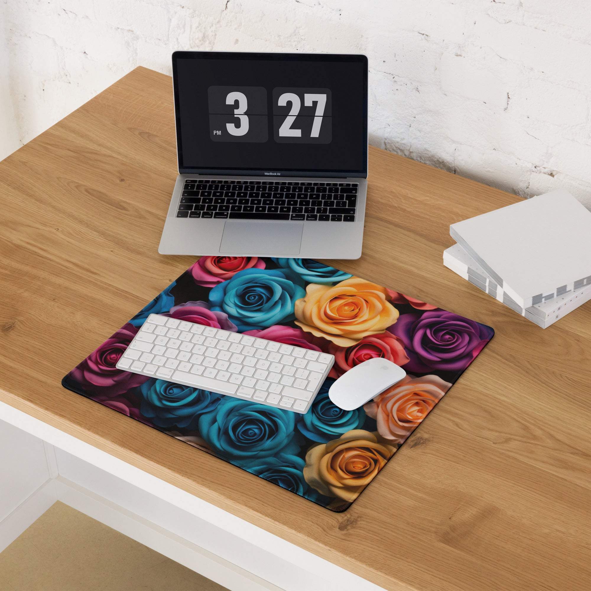 Colorful floral roses gaming mouse pad with non-slip base and stitching