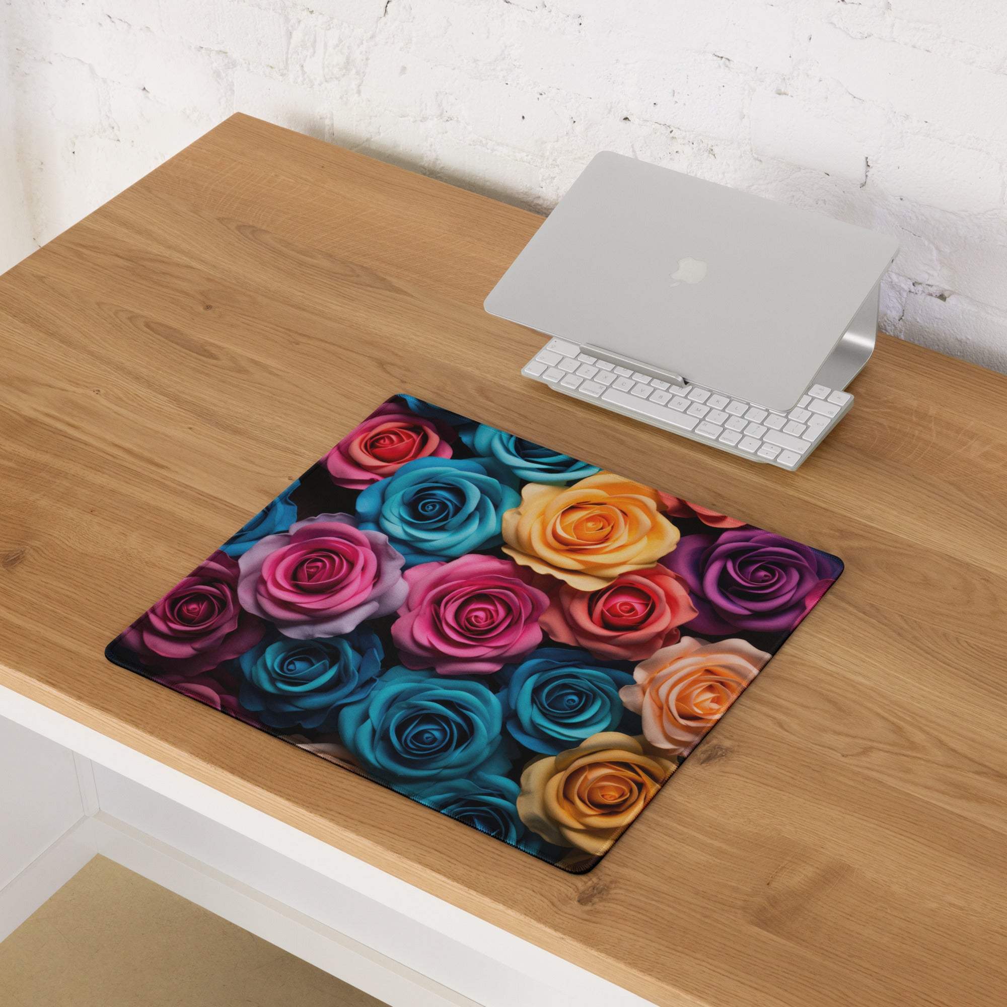 Colorful floral roses gaming mouse pad with non-slip base and stitching