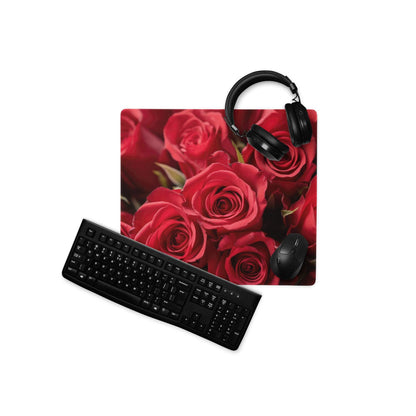 Romantic red rose floral gaming mousepad with black headphones and keyboard