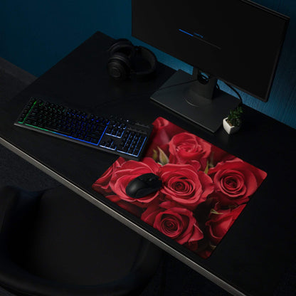 Red rose-patterned oversized gaming mousepad with glossy finish