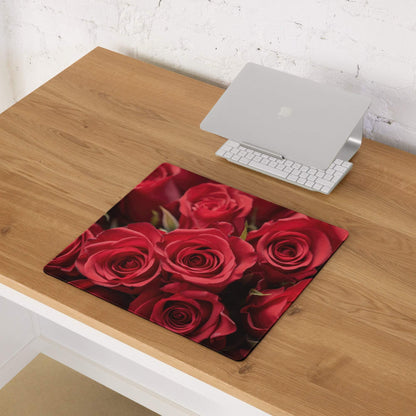 Romantic red rose floral gaming mouse pad with glossy finish and non-slip backing
