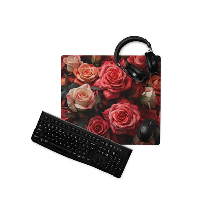 Romantic rose garden gaming mouse pad with red roses, headphones on top