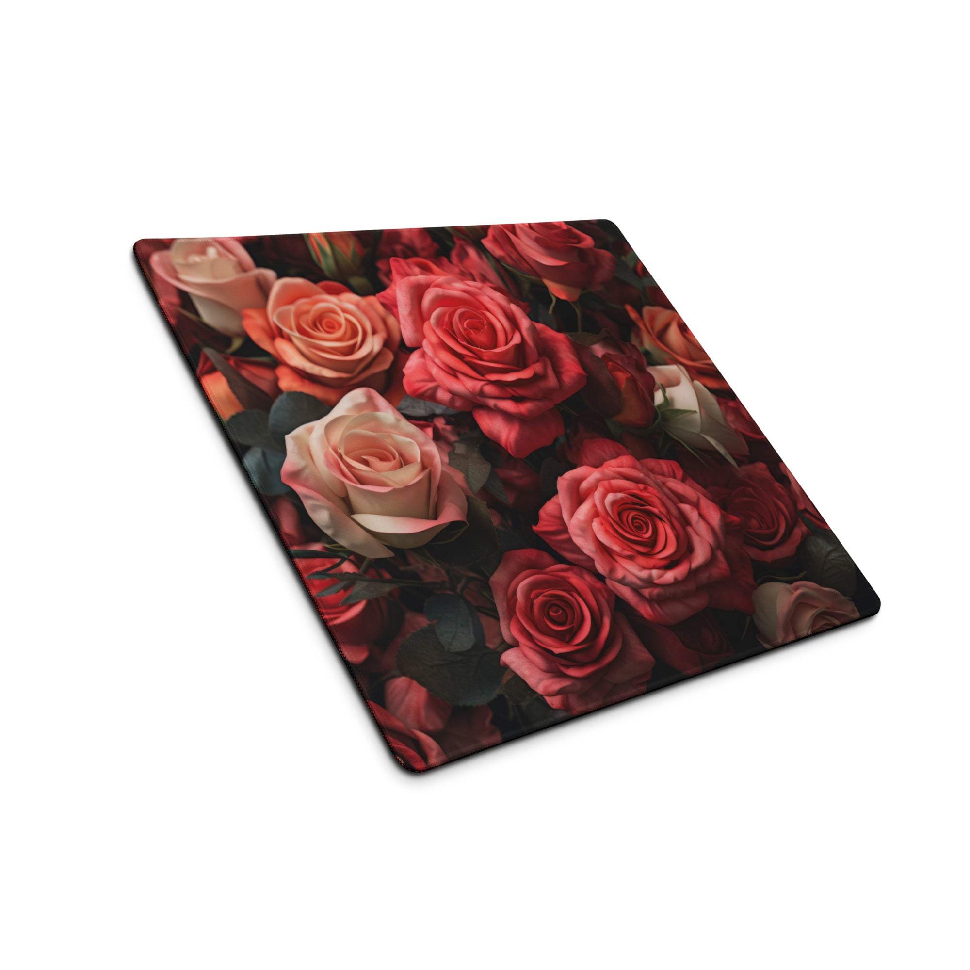 Romantic rose garden gaming mouse pad with vibrant red roses and non-slip base