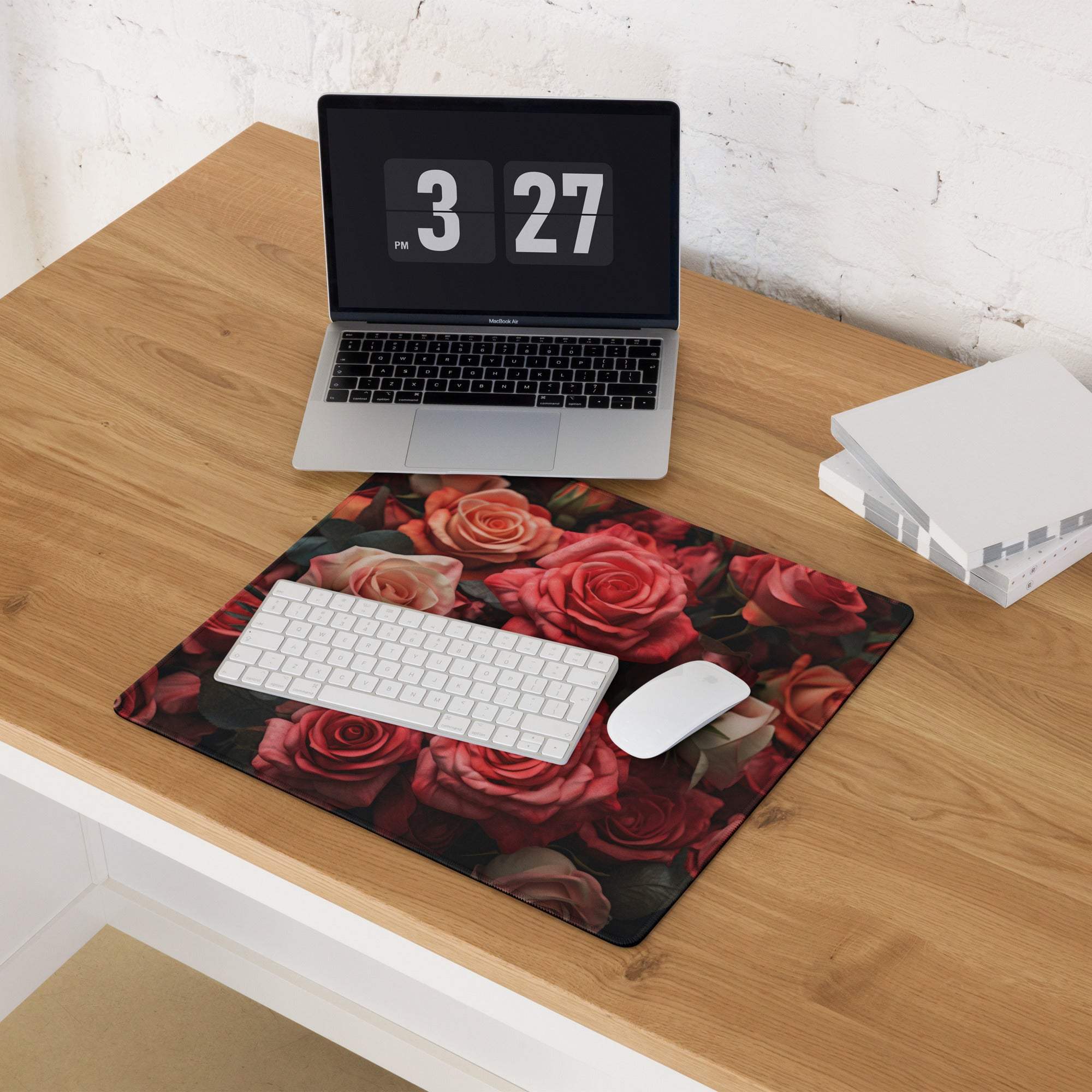 Romantic Rose Garden gaming mouse pad with roses, keyboard, mouse