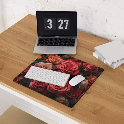 Romantic Rose Garden gaming mouse pad with roses, keyboard, mouse