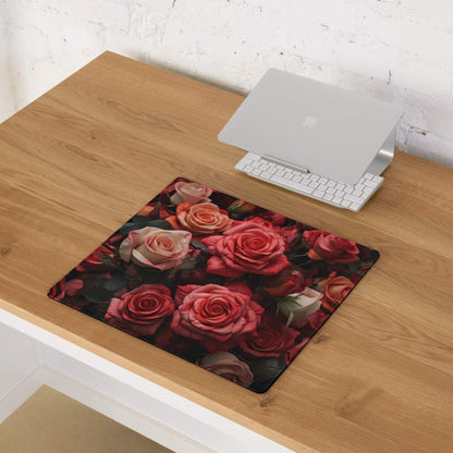 Romantic Rose Garden gaming mouse pad with pink roses on black background