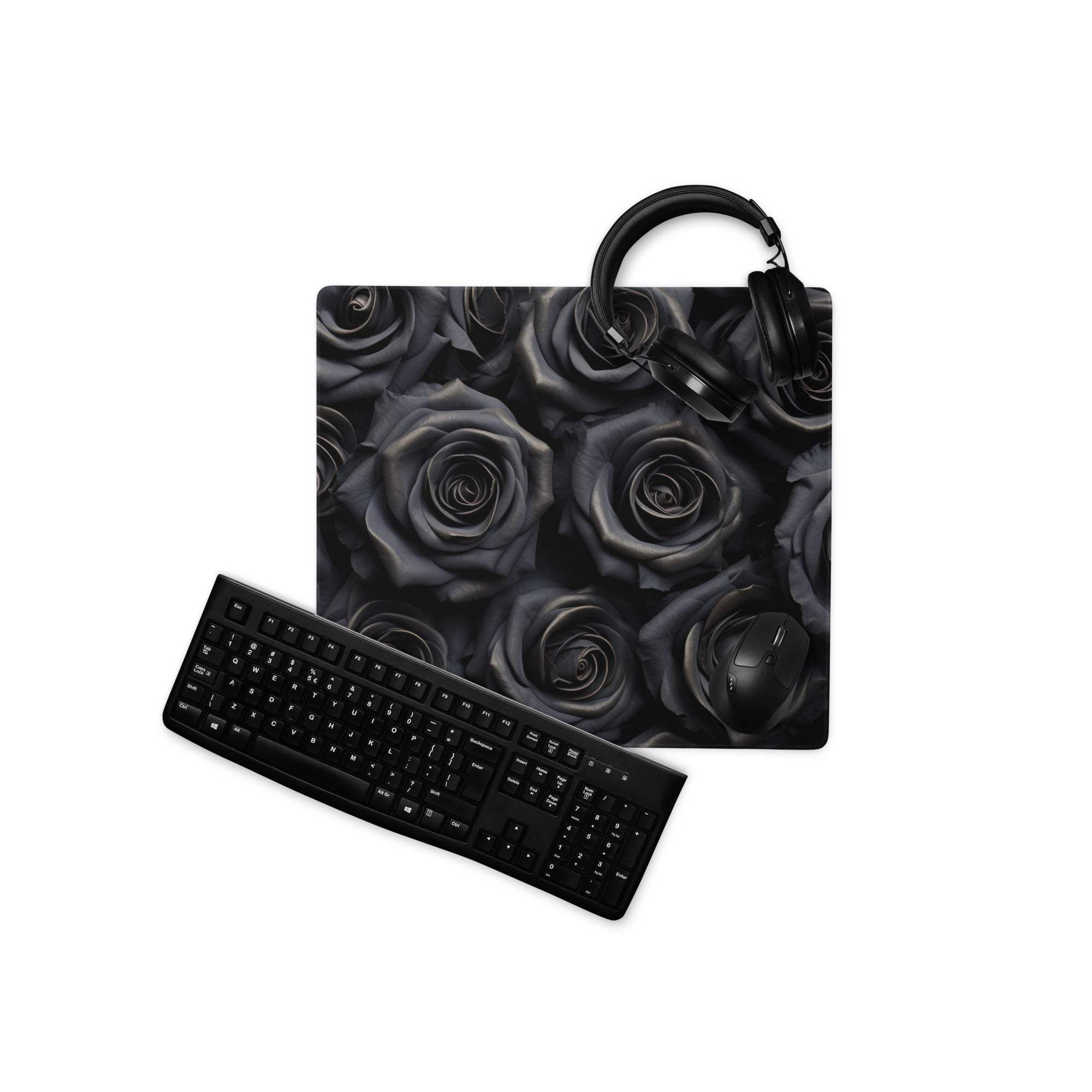 Black rose gaming mousepad with headphones, non-slip base, stitched edges