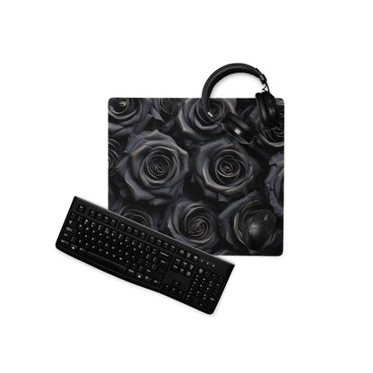 Black rose gaming mousepad with headphones, non-slip base, stitched edges