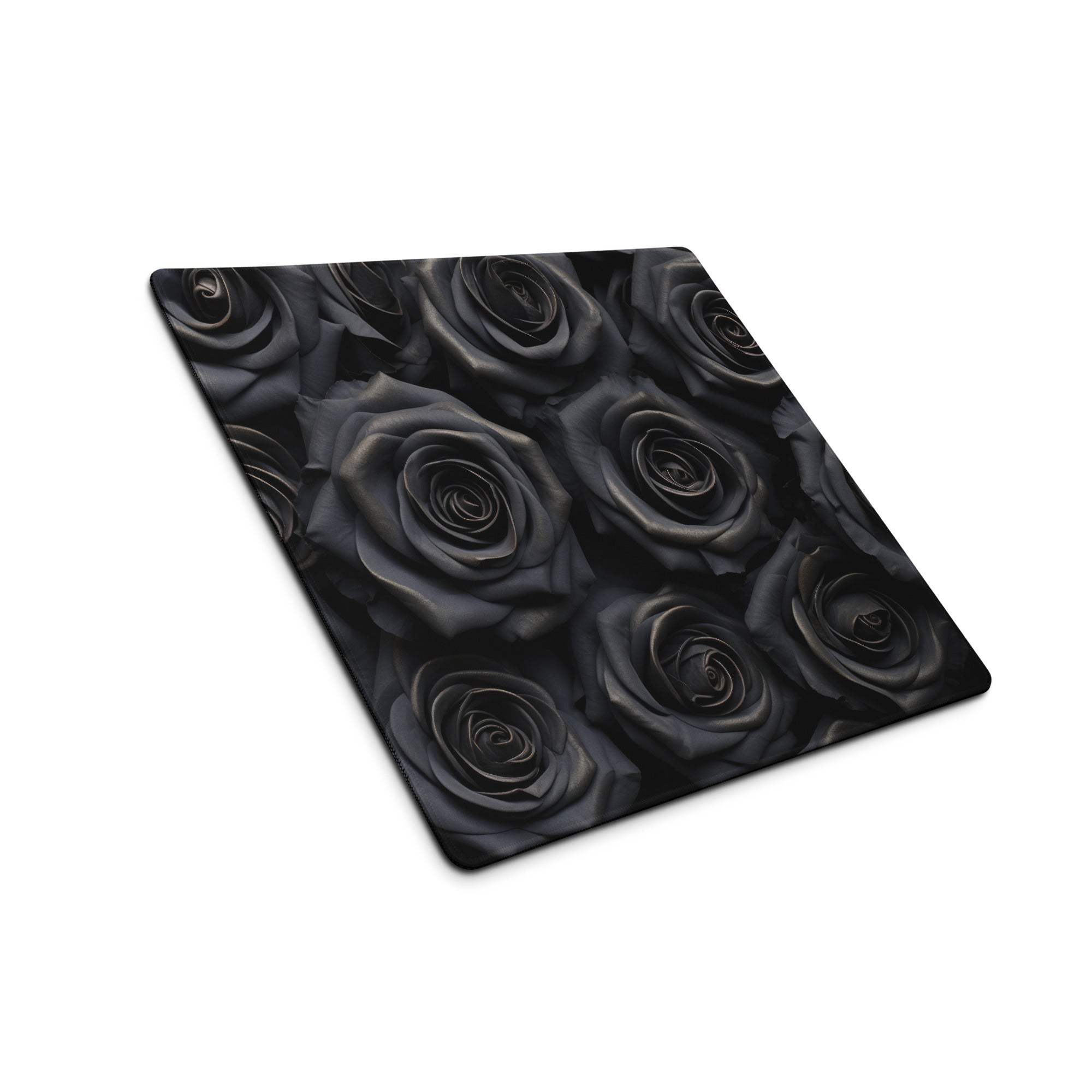 Black rose-patterned large gaming mousepad with glossy finish and stitched edges