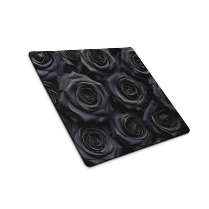 Black rose-patterned large gaming mousepad with glossy finish and stitched edges