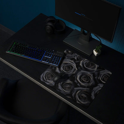 Black rose-patterned large gaming mouse pad with non-slip base
