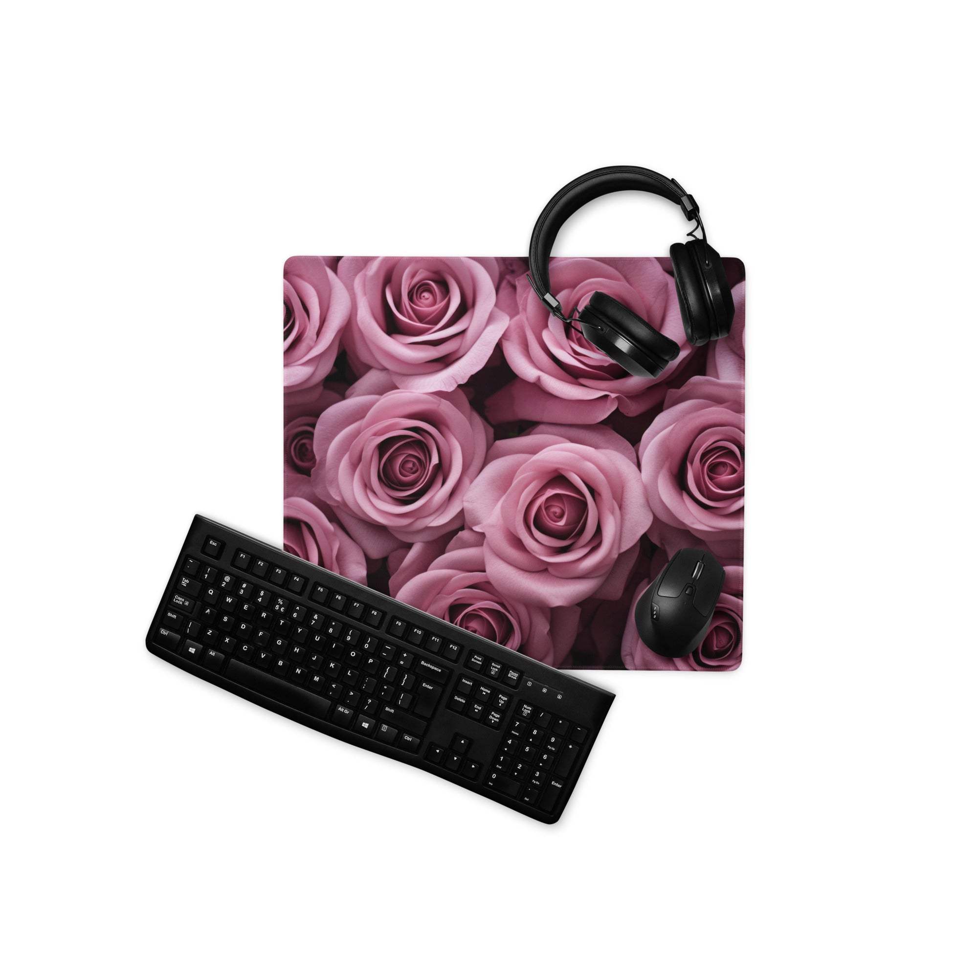 Elegant pink rose floral gaming mousepad with headphones and keyboard