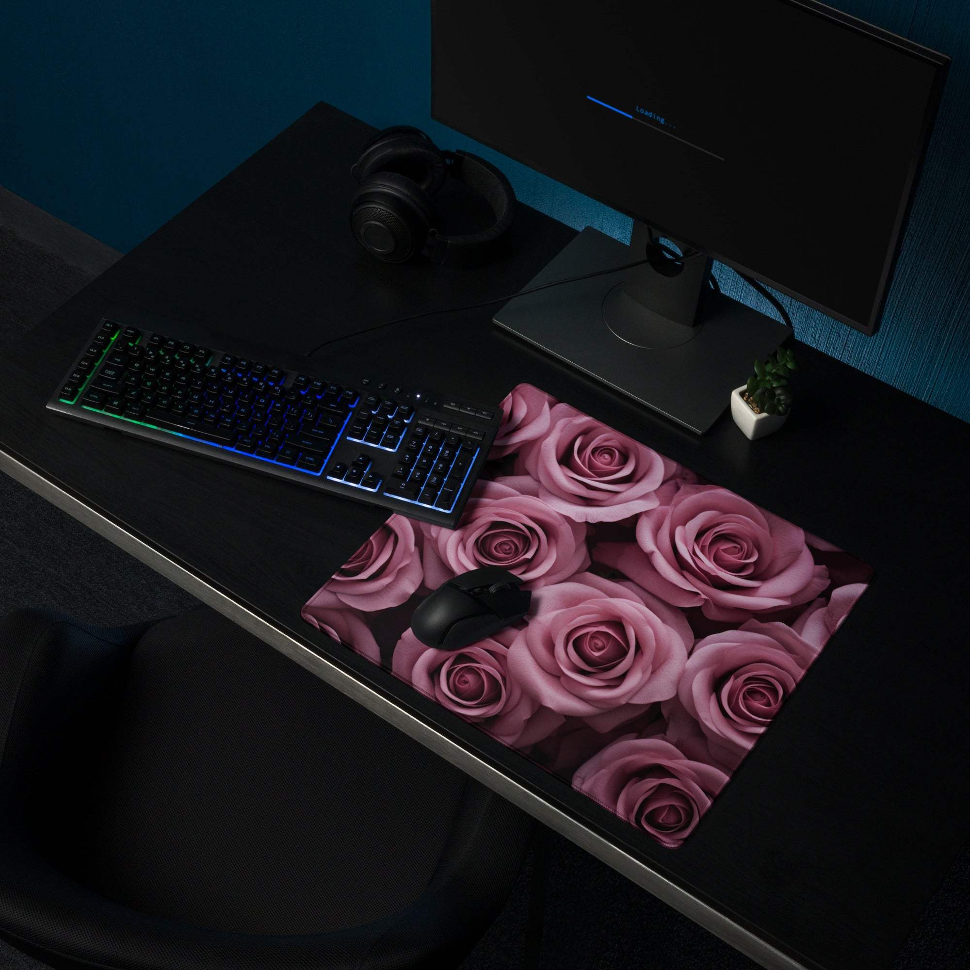 Elegant pink rose floral gaming mouse pad with non-slip base, large size