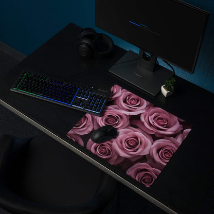 Elegant pink rose floral gaming mouse pad with non-slip base, large size