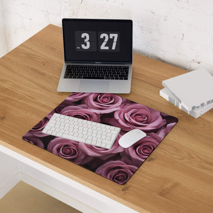 Elegant pink rose floral gaming mouse pad with non-slip base, large size
