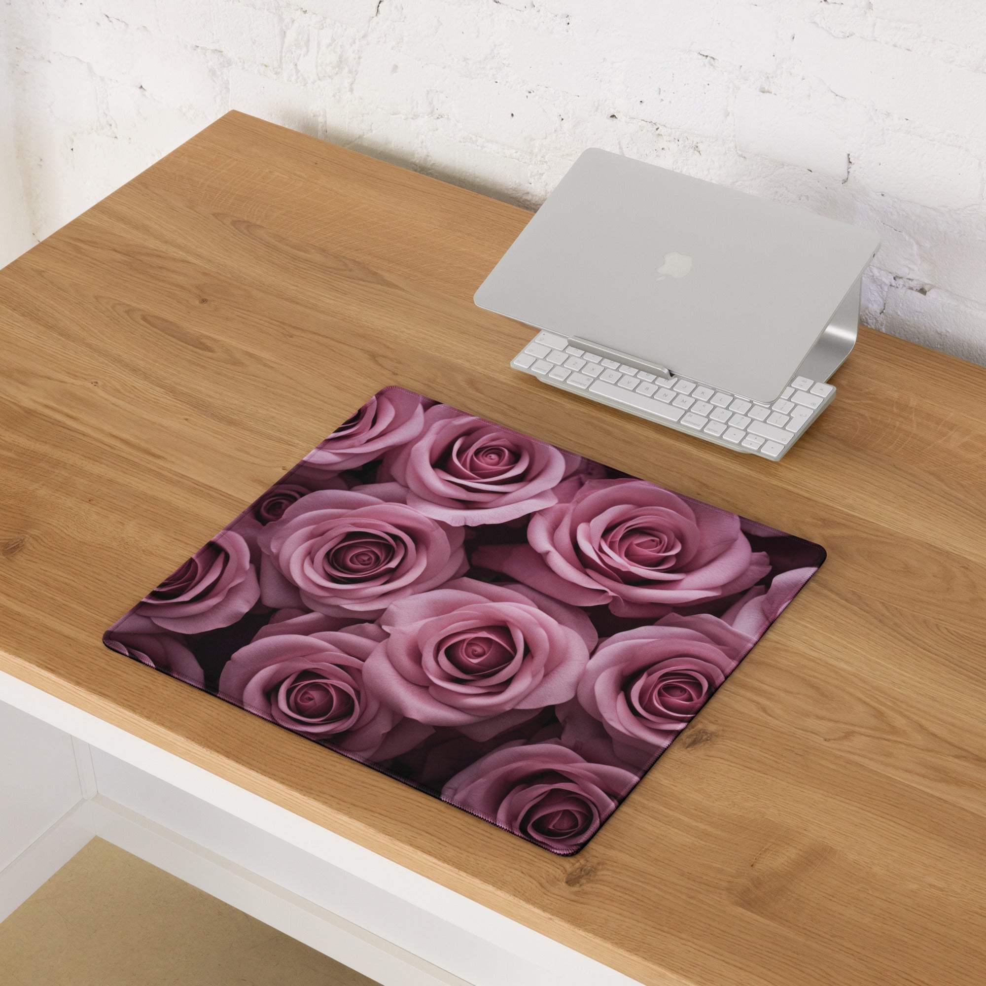 Purple rose-patterned gaming mousepad with non-slip base and stitching