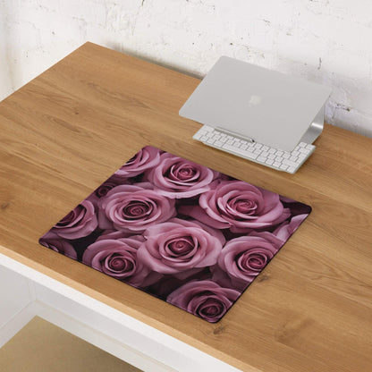 Purple rose-patterned gaming mousepad with non-slip base and stitching
