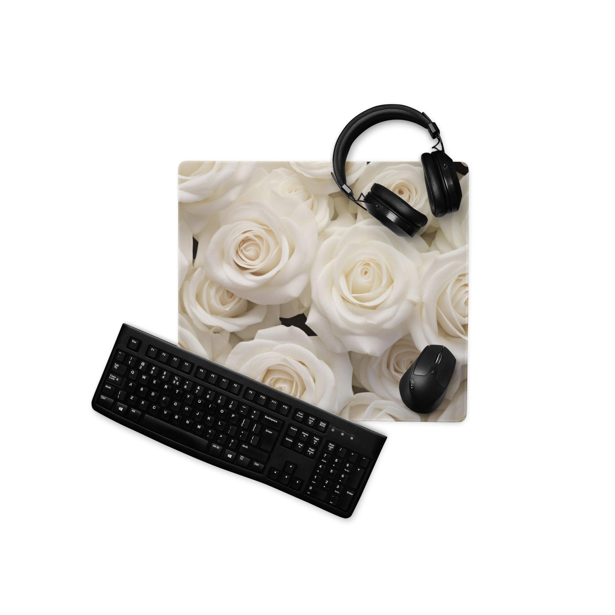Elegant white rose gaming mousepad with black headphones and keyboard