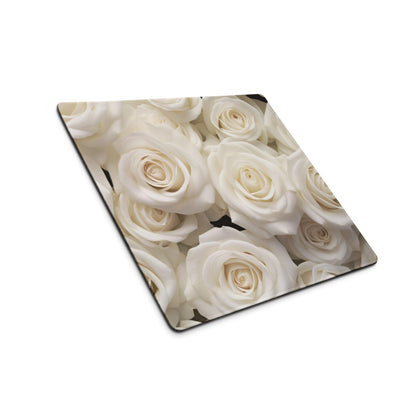 Large elegant white rose gaming mouse pad with non-slip base and edge stitching
