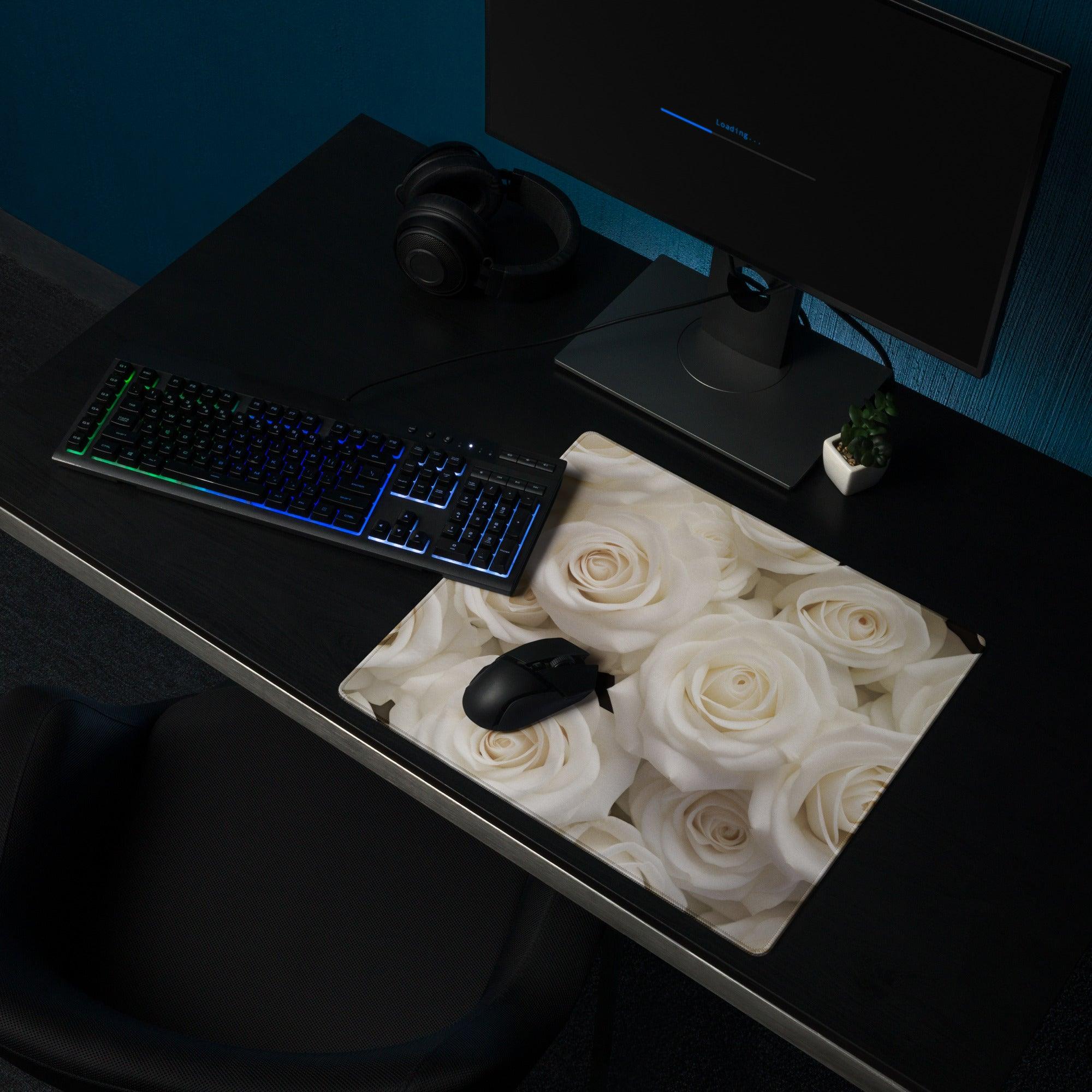 Elegant white rose gaming mouse pad with glossy finish and non-slip base