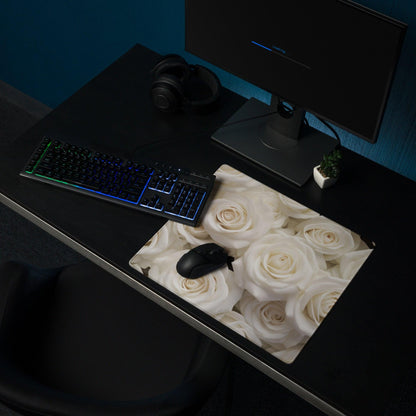 Elegant white rose gaming mouse pad with glossy finish and non-slip base