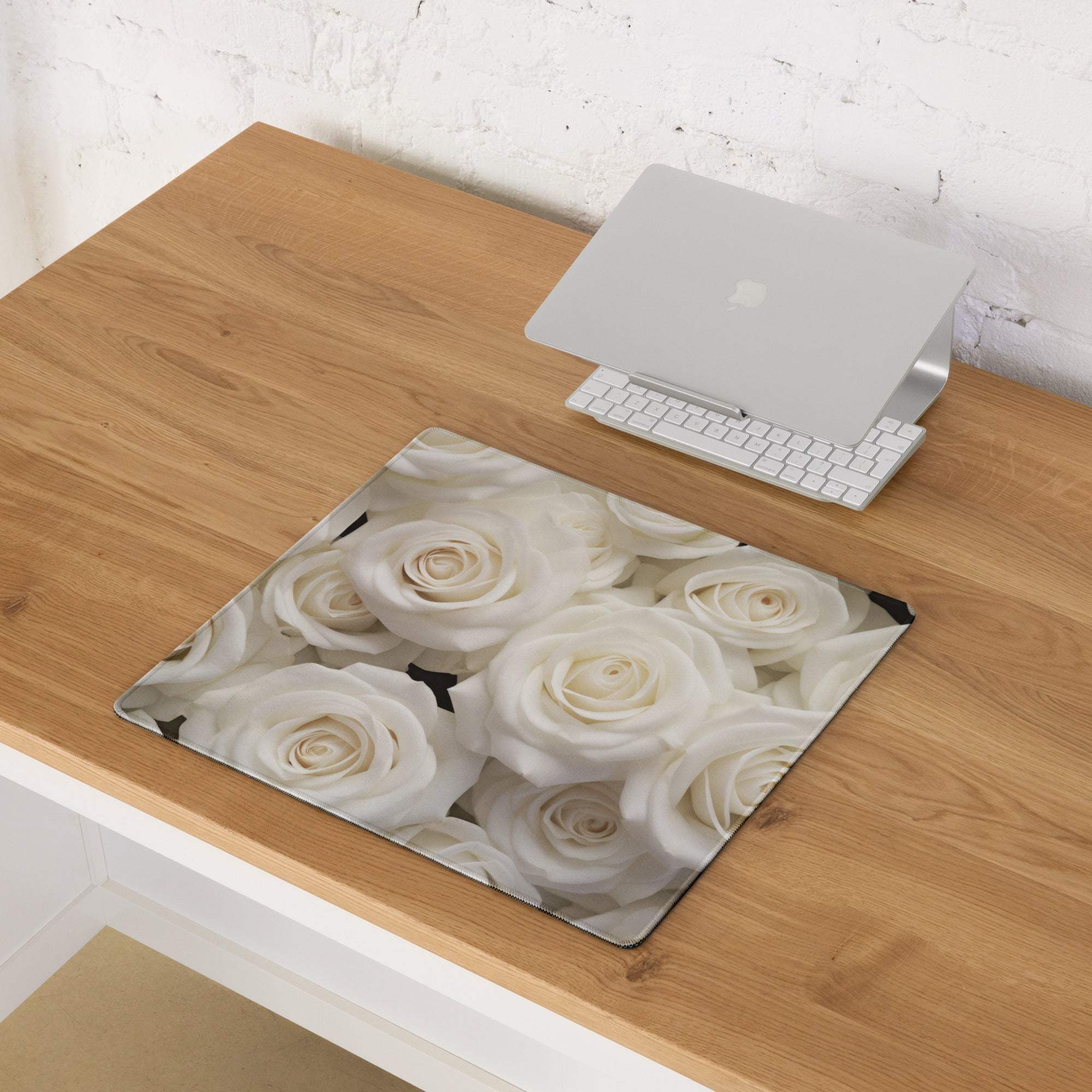 Elegant white rose gaming mouse pad with non-slip base and edge stitching