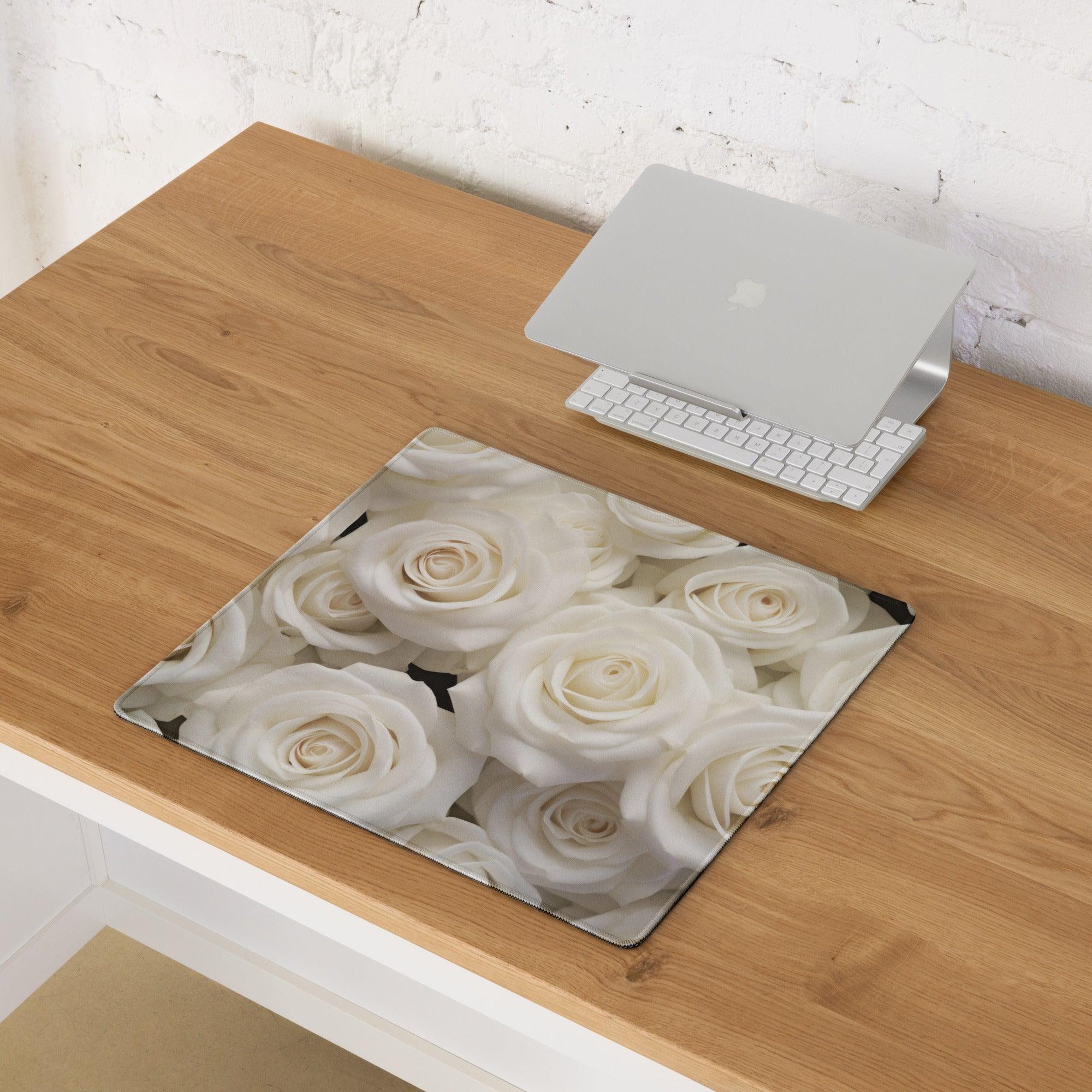 Elegant white rose gaming mouse pad with non-slip base and edge stitching