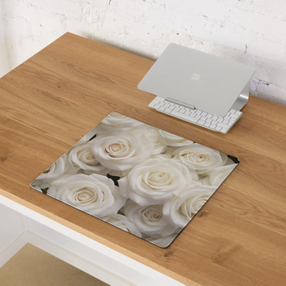 Elegant white rose gaming mouse pad with non-slip base and edge stitching