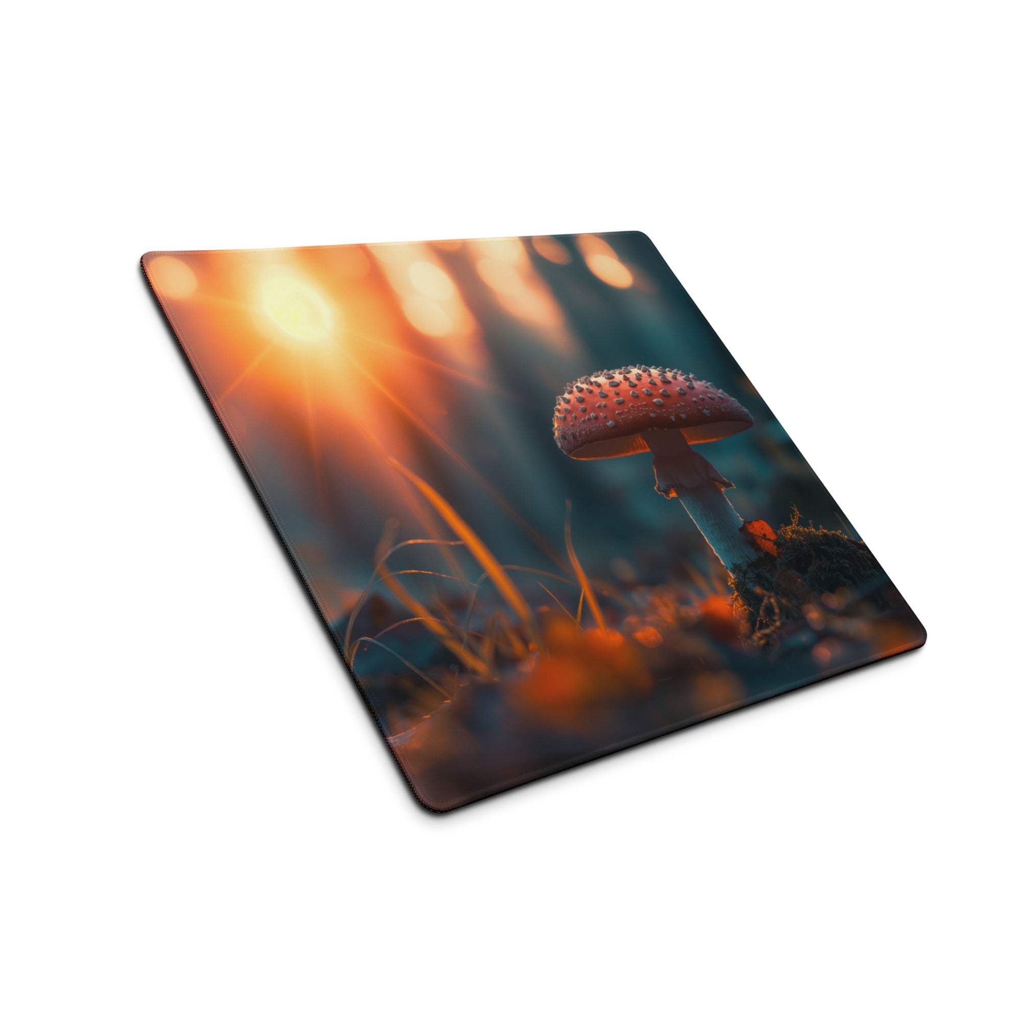 Large dreamy sunset red-capped mushroom gaming mouse pad with non-slip backing