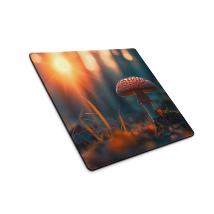 Large dreamy sunset red-capped mushroom gaming mouse pad with non-slip backing