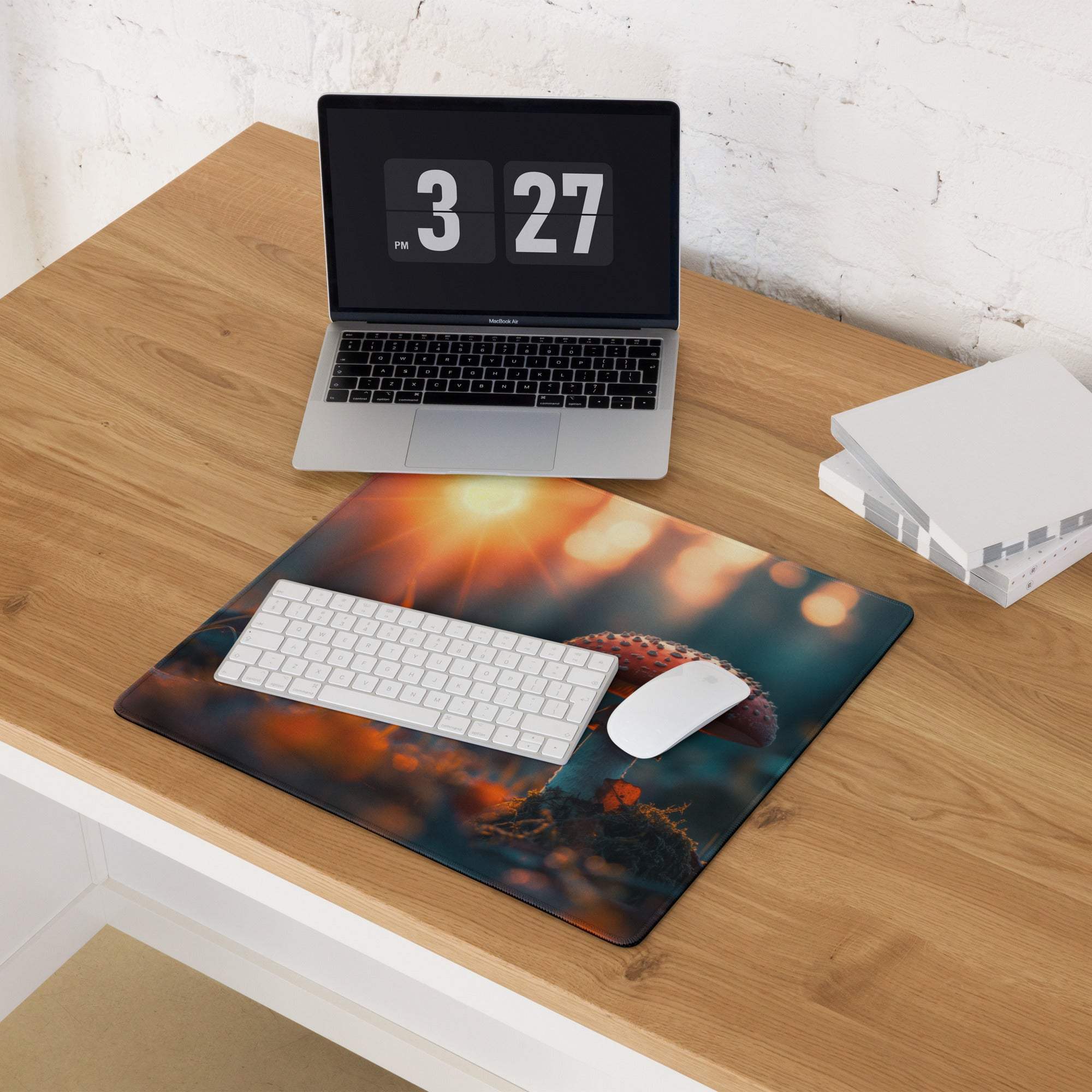 Large Dreamy Sunset Mushroom gaming mouse pad with non-slip backing