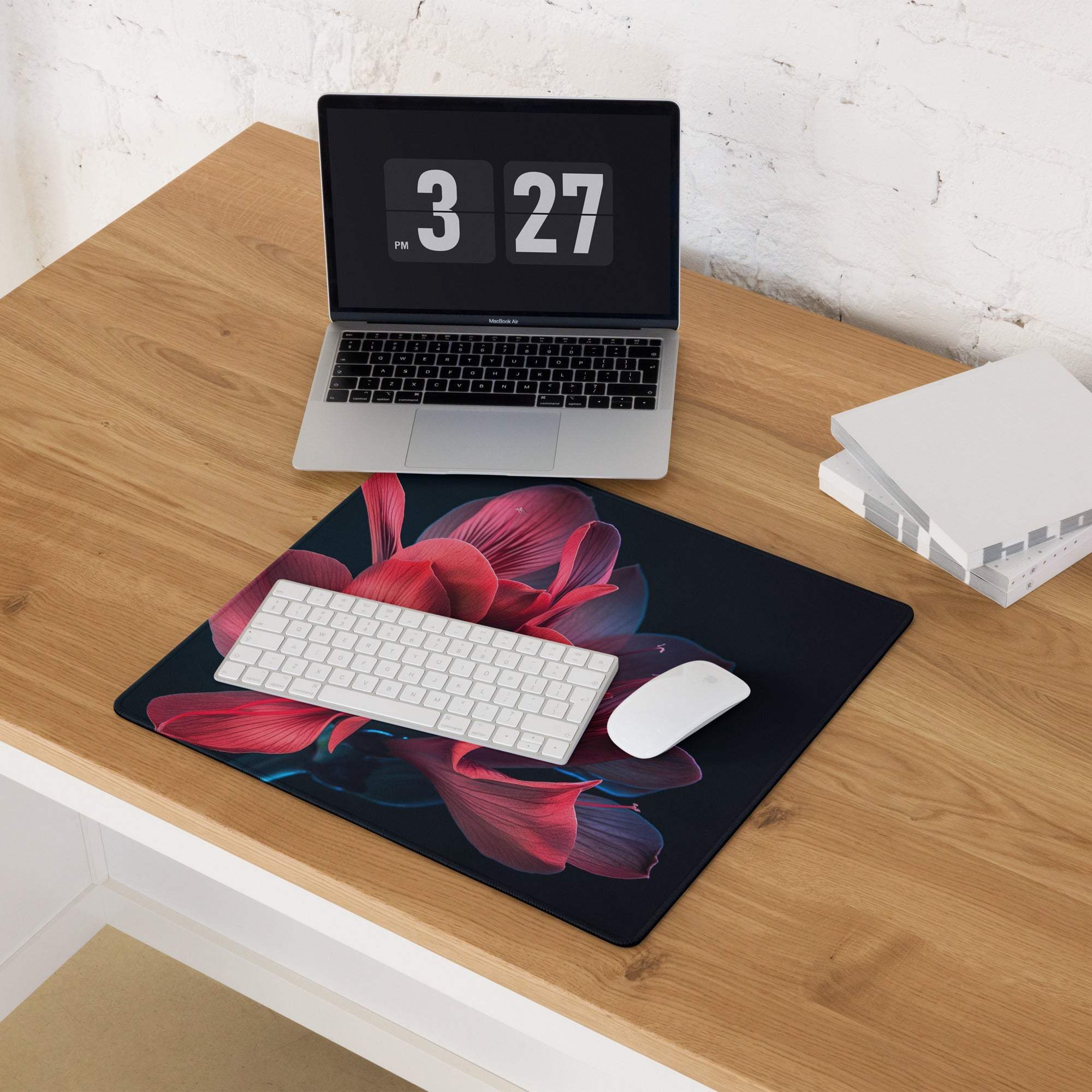 Elegant red floral large gaming mouse pad with black back, non-slip backing