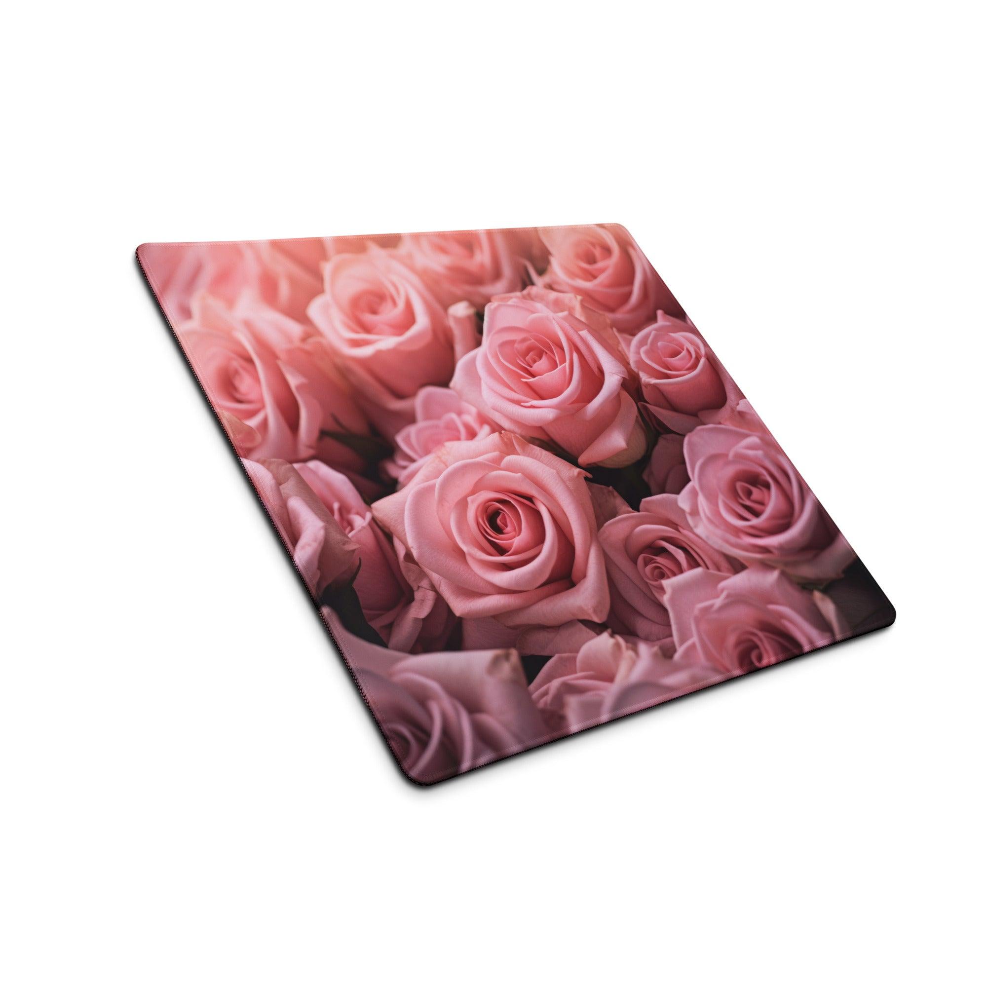 Floral pink rose gaming mouse pad with non-slip base and stitched edges