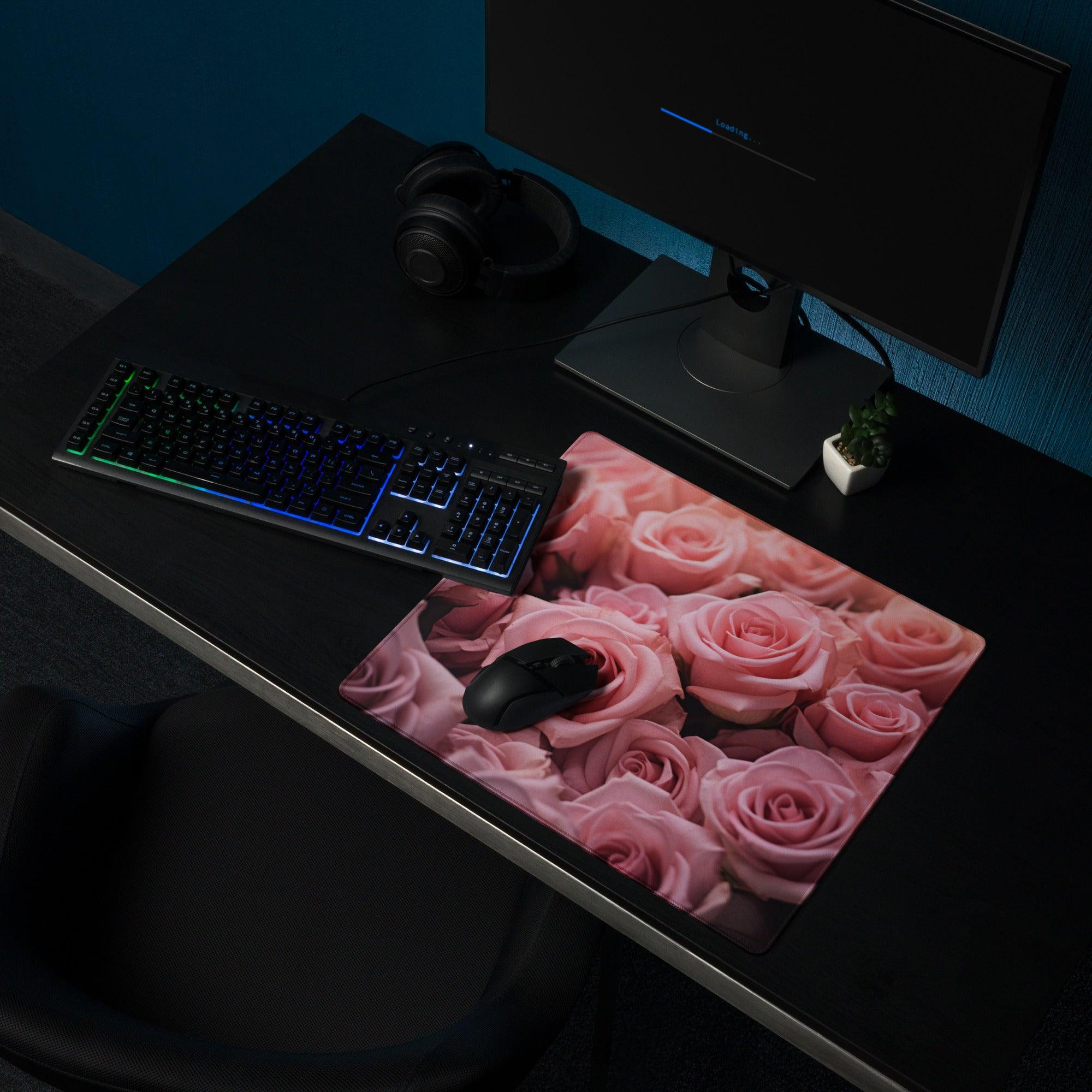 Pink rose-patterned gaming mousepad with glossy finish and non-slip base