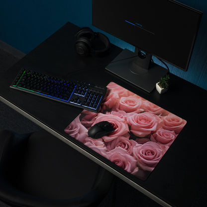Pink rose-patterned gaming mousepad with glossy finish and non-slip base