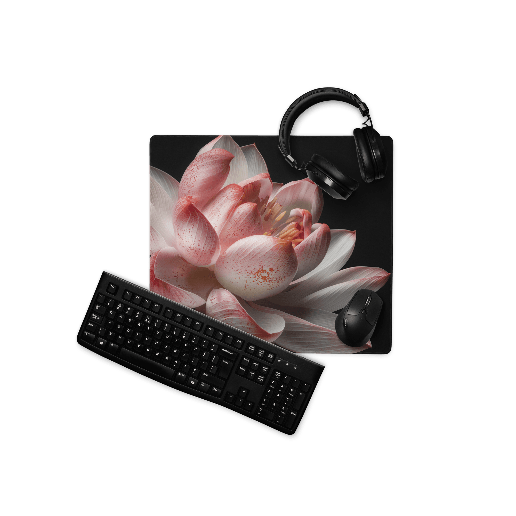 Pink lotus large gaming mouse pad with non-slip base and stitching