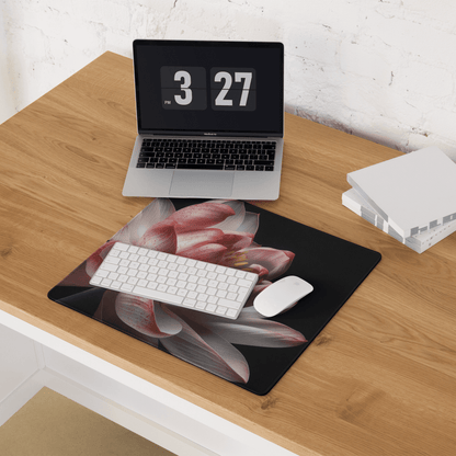 Black mousepad with pink white lotus petals print non-slip base stitching