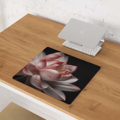 Pink lotus flower print on black large gaming mouse pad