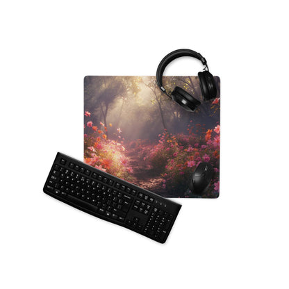 Black matte qwerty keyboard on pink floral garden gaming mouse pad