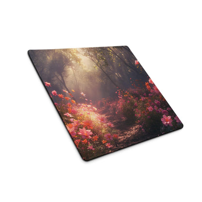 Large floral gaming mouse pad with pink orange cosmos on sunlit path, non-slip stitched base