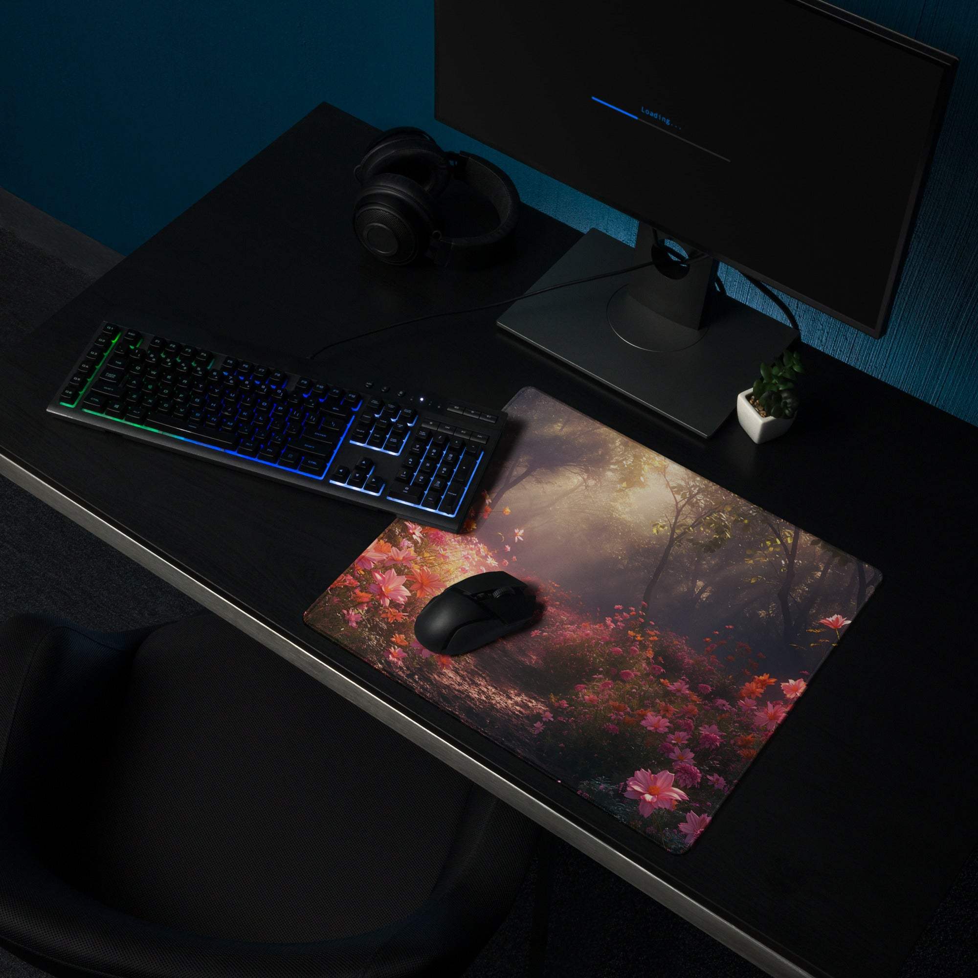 Floral garden gaming mouse pad with pink misty forest flowers