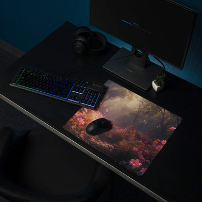 Floral garden gaming mouse pad with pink misty forest flowers