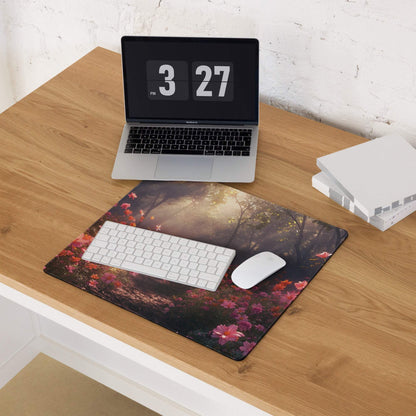 Vibrant floral forest gaming mouse pad with pink flowers, sunlit canopy, non-slip base