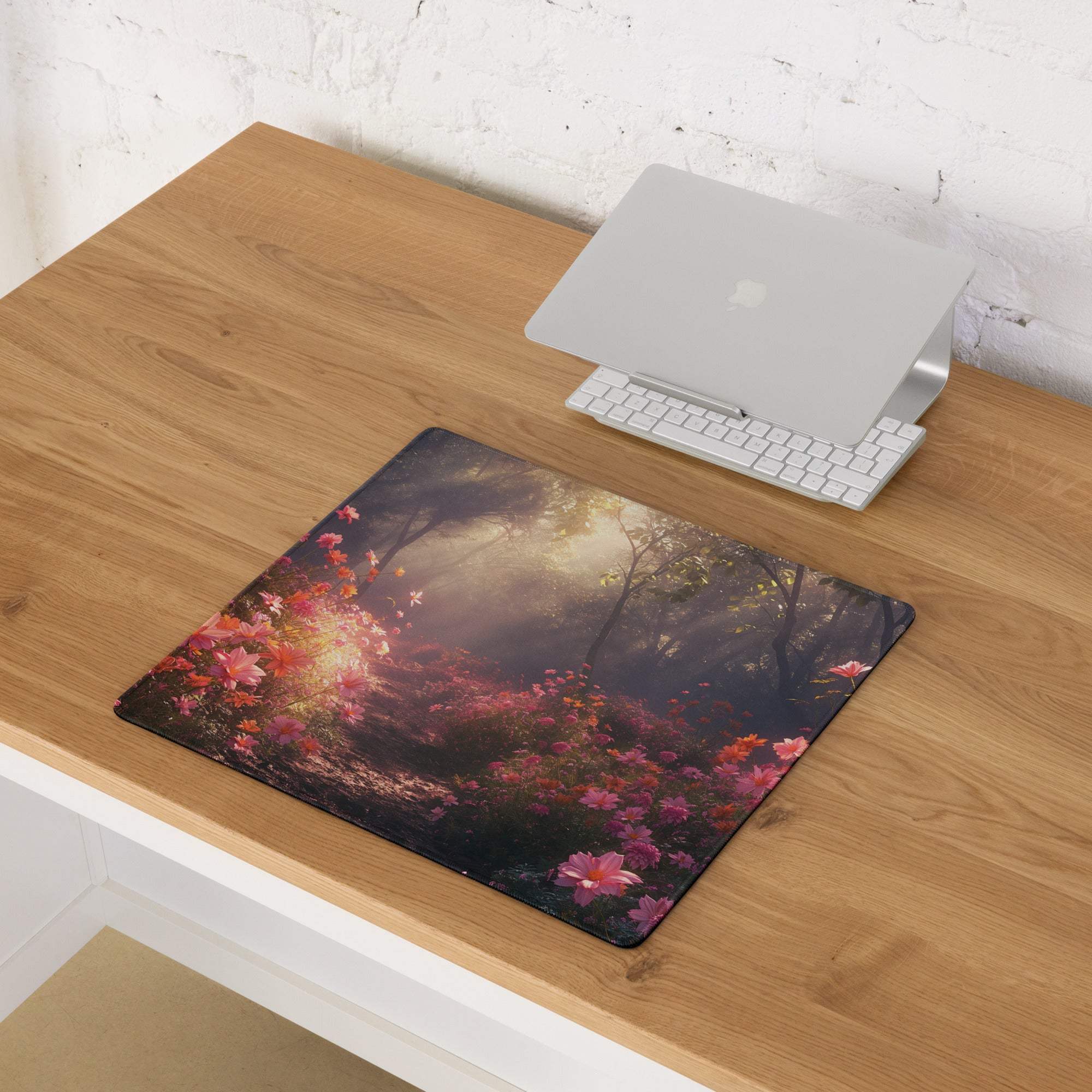 Floral garden gaming mouse pad with pink orange sunlit flowers